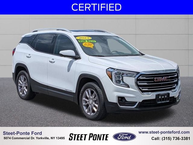 2023 GMC Terrain SLT in Summit White — front three-quarter view
